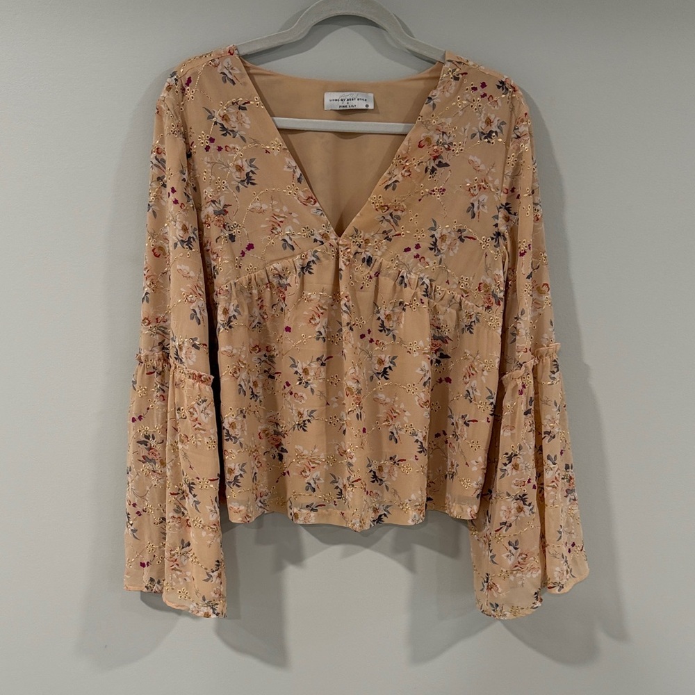 Pink Lily Floral Tan Blouse